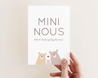 Carte annonce grossesse mini nous / illustration famille d'ours, texte en français (non genré, pour bébé fille & garçon)