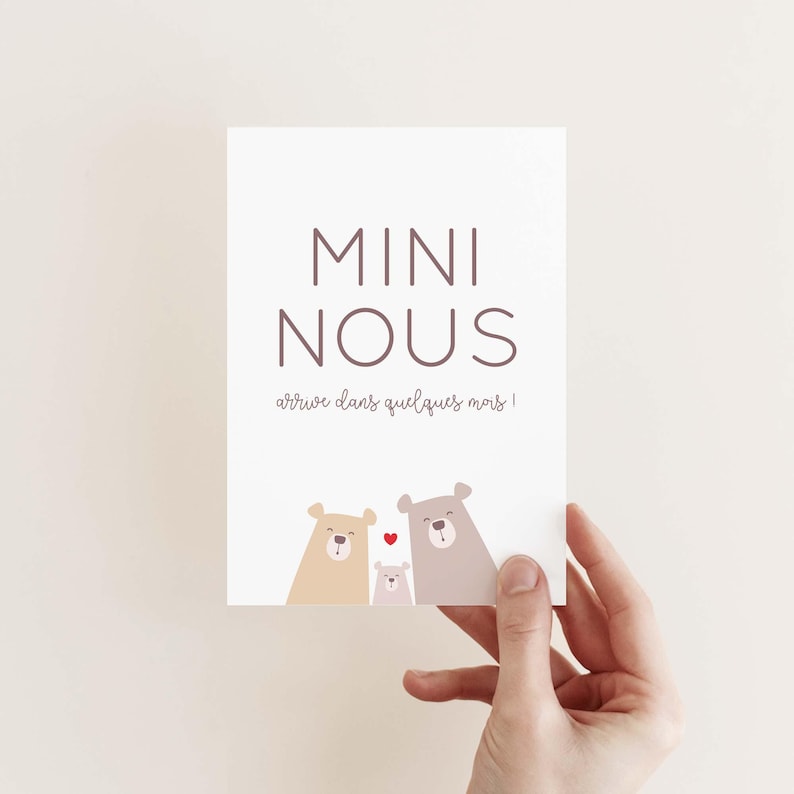 Carte annonce grossesse mini nous / illustration famille d'ours, texte en français (non genré, pour bébé fille & garçon) image 1