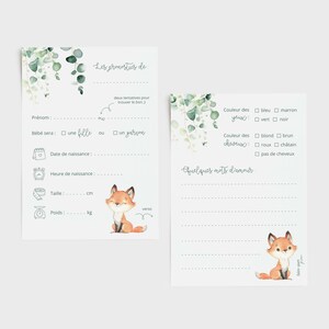 Carte pronostics naissance renard eucalyptus / carte prédiction bébé pour baby shower ou gender reveal en français (mixte : fille & garçon) image 2