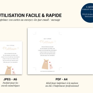 May include: Two printable cards with a light brown bear and a pink rabbit illustration. The text on the cards reads 'Vour thethe ma' and 'Marraine?' with the text 'Etre ma maman de secours, me voir grandir jour apres jour, cacher toutes mes betises aux parents, jusqu'a ce que j'ai moins d'ans, veiller sur moi avec bienveillance, etre mon amie et ma confidente.' The cards are labeled 'JPEG - A6' and 'PDF - A4' with the text 'Parfait pour les envois numeriques' and 'Ideal pour imprimer a la maison ou chez l'imprimeur professionnel'.