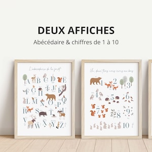 Deux affiches forêt (abécédaire + chiffres de 1 à 10). Décoration murale éducative idéale pour la chambre des bébés et des jeunes enfants
