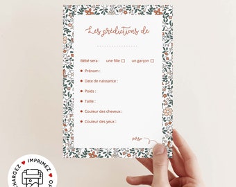 Carte pronostics naissance à imprimer / carte prédiction bébé pour baby shower ou gender reveal en français - PDF imprimable