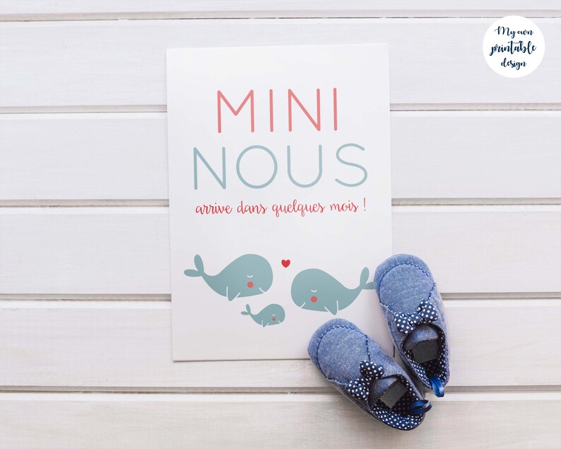 Carte annonce grossesse mini nous baleine à imprimer (illustration rose et bleu thème marin) image 2