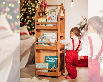 Rotating Montessori Bookshelf: Beech Plywood Kids Bookcase & Toy Storage