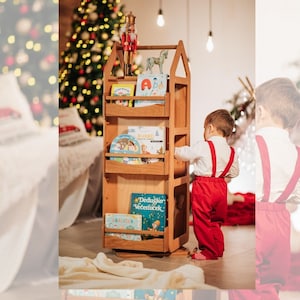Obrotowy regał Montessori: regał na książki i zabawki dla dzieci ze sklejki bukowej