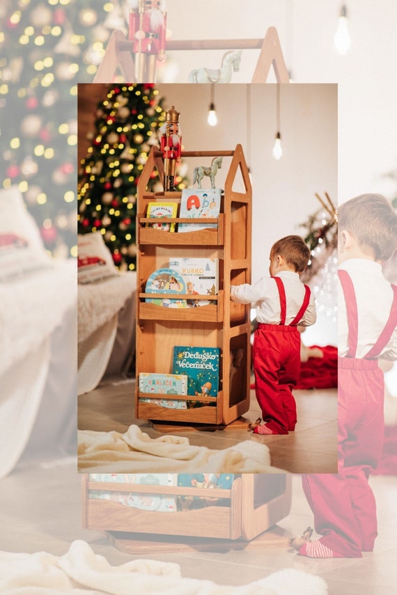 Rotating Montessori Bookshelf: Beech Plywood Kids Bookcase & Toy Storage