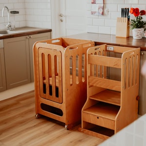 2-in-1 Kitchen Helper Tower: Montessori Step Stool with Wheels
