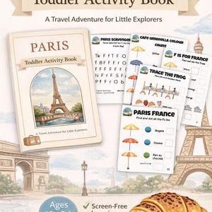 May include: A children's activity book titled "PARIS Toddler Activity Book" with travel-themed activities for little explorers. Includes a croissant, Eiffel Tower illustrations, and activity sheets. Ages 18-36 months.