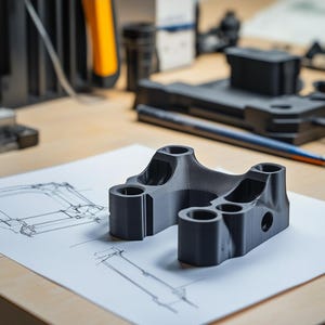 Könnte beinhalten: Ein schwarzes, 3D-gedrucktes Kunststoffteil mit mehreren Löchern und einer abgerundeten Form. Das Teil liegt auf einem weißen Blatt Papier mit einer technischen Zeichnung eines ähnlichen Teils.