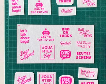 Neon pink/white: 10 "I LOVE BAGS" sew-on patches, screen printed on SnapPap, label/patch set for all sewing enthusiasts! Special Edition