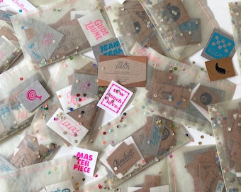 13 "MYSTERY MIX" patches for sewing on, screen printed on SnapPap, label/patch set for everyone who likes to sew, a surprise, a colorful surprise!