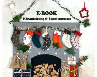 eBook sewing instructions for an Advent calendar #Adventfireplace including pattern, Christmas calendar as wall decoration: fireplace with socks & gifts