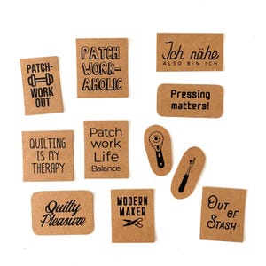 11 Patches &quot;PATCHWORK FAMILY&quot; to sew on, screen printed on SnapPap, label / patch set for all who like to sew
