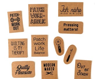 11 "PATCHWORK FAMILY" patches for sewing on, screen printed on SnapPap, label/patch set for all those who like to sew.