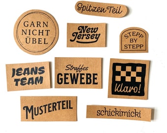 9 "MATERIAL GIRL" patches for sewing on, screen printed on SnapPap, label/patch set for all those who like to sew.