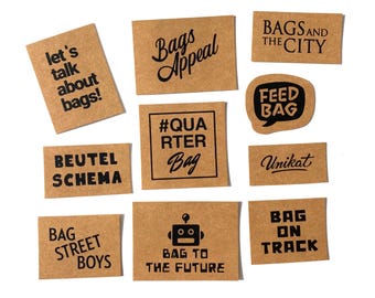 10 "I LOVE BAGS" sew-on patches, screen printed on SnapPap, label/patch set for all sewing enthusiasts.