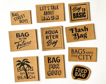 10 "ALL ABOUT BAGS" sew-on patches, screen printed on SnapPap, label/patch set for all sewing enthusiasts.