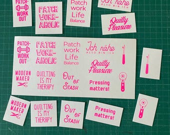 Neon pink/white: 11 "PATCHWORK" patches for sewing on, screen printed on SnapPap, label/patch set for everyone who loves to sew! Special Edition
