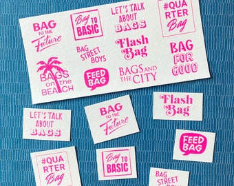 Neon pink/white: 10 "ALL ABOUT BAGS" sew-on patches, screen printed on SnapPap, label/patch set for all sewing enthusiasts - Special Edition