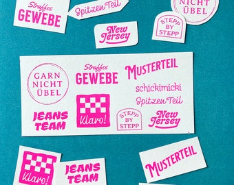 Neon pink/white: 9 patches "MATERIAL GIRL" for sewing, screen printed on SnapPap, label/patch set for all who like to sew, Special Edition