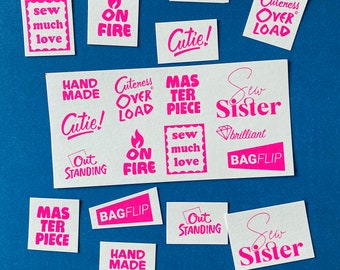 Neon pink/white: 10 "NATIVE SPEAKER" patches for sewing on, screen printed on SnapPap, label/patch set for all sewing enthusiasts - Special Edition