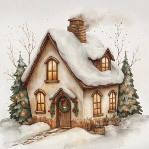 Cottage invernale decorato per cartolina di Buon Natale