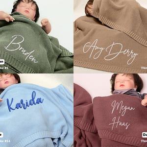 May include: Four baby blankets in sage green, khaki, baby blue, and dark brown, each embroidered with a name in a contrasting color. The blankets are knitted and have the text "Sage Green", "Khaki", "Baby Blue", and "Dark Brown".