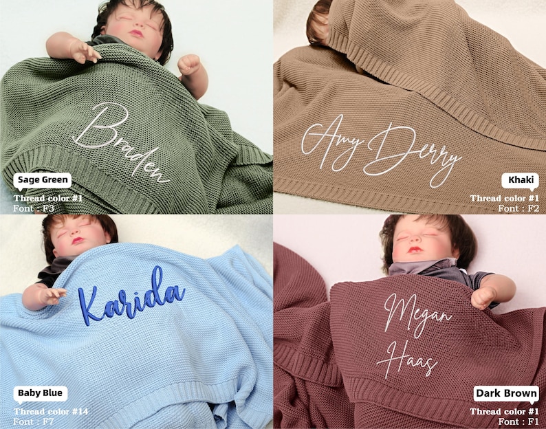 May include: Four baby blankets in sage green, khaki, baby blue, and dark brown, each embroidered with a name in a contrasting color. The blankets are knitted and have the text "Sage Green", "Khaki", "Baby Blue", and "Dark Brown".