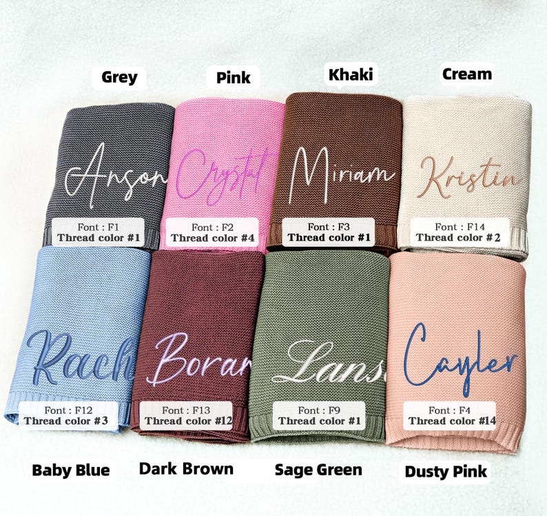 May include: A selection of personalized knit blankets in various colors, including grey, pink, khaki, and cream. Each blanket features a name embroidered in a contrasting thread color, with the font and thread color details displayed.