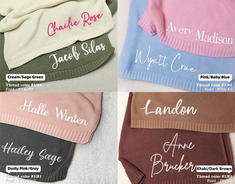 May include: A collection of personalized baby blankets in various colors, including cream, sage green, pink, baby blue, dusty pink, grey, khaki, and dark brown. Each blanket features a name embroidered in white script.