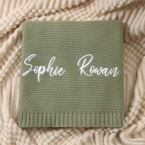 Embroidered Baby Name Blanket | Personalized Knit Welcome Baby Blanket Keepsake | Unique Baby Shower Gift
