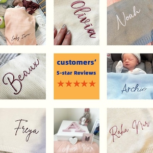 May include: Collection of personalized baby blankets in various colors, each embroidered with a name in a stylish script. The blankets are shown in different settings, including with a baby and a display of customer reviews.