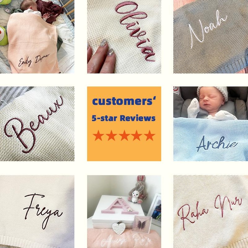 May include: Collection of personalized baby blankets in various colors, each embroidered with a name in a stylish script. The blankets are shown in different settings, including with a baby and a display of customer reviews.