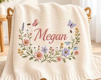 Couverture bébé personnalisée brodée de fleurs, en coton biologique, souvenir de nouveau-né