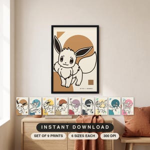 Może przedstawiać: Oprawiony wydruk ścienny przedstawiający rysunek liniowy postaci Eevee na tle brązowego koła i kwadratu. Poniżej znajduje się zestaw dziewięciu mniejszych wydruków prezentujących różne ewolucje Eevee z kolorowymi figurami geometrycznymi.