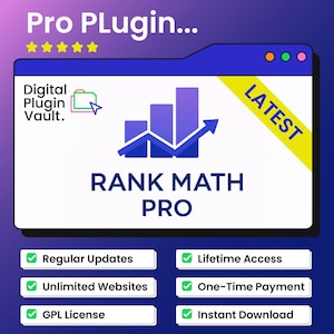 Puede incluir: Anuncio de producto digital con fondo degradado morado y azul. El texto "Pro Plugin..." y "Rank Math Pro" se muestran de forma destacada. Incluye actualizaciones periódicas, acceso de por vida y descarga instantánea.