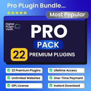 May include: A digital product advertisement for a Pro Pack plugin bundle. The image features a dark blue and black design with the words "PRO PACK" in large white letters. It highlights "22 Premium Plugins" and other features like "Lifetime Access" and "Instant Download."