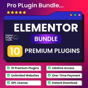 May include: A digital graphic promoting an Elementor plugin bundle. The design features a dark blue window-like frame with the text "ELEMENTOR BUNDLE" and "10 PREMIUM PLUGINS." Additional text highlights features like "10 Premium Plugins," "Lifetime Access," and "Instant Download."