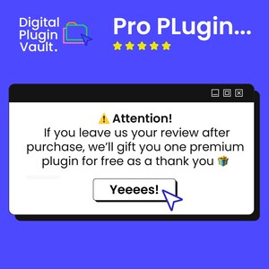 Op de afbeelding: Een digitale advertentie op een blauwe achtergrond. De advertentie toont de tekst "Pro Plugin..." met vijf gouden sterren. Een pop-upvenster toont "Attention!" en biedt een gratis plugin aan voor een review, met een "Yeeees!" knop.
