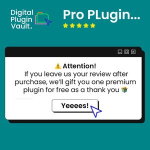 May include: A digital advertisement with the text "Pro Plugin..." and "Digital Plugin Vault." A pop-up window reads "Attention!" and offers a free plugin for a review. A blue cursor points to a button that says "Yeeees!"