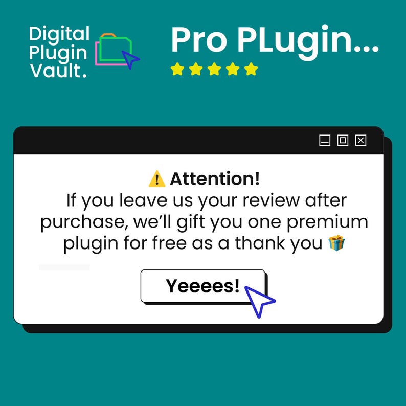 May include: A digital advertisement with the text "Pro Plugin..." and "Digital Plugin Vault." A pop-up window reads "Attention!" and offers a free plugin for a review. A blue cursor points to a button that says "Yeeees!"