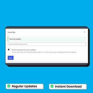 May include: A digital interface with a white background and black border, set against a blue backdrop. The interface displays text fields, a toggle switch, and a blue "Keep" button. Below, two green-bordered boxes read "Regular Updates" and "Instant Download".