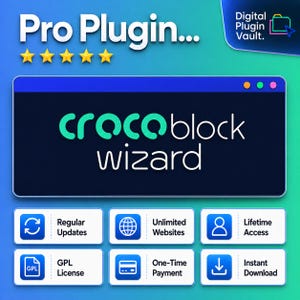 May include: A digital graphic for Pro Plugin featuring the text Crocoblock Wizard on a dark blue window interface. The design includes five yellow stars, a Digital Plugin Vault logo, and six white rectangular icons with blue symbols and text.