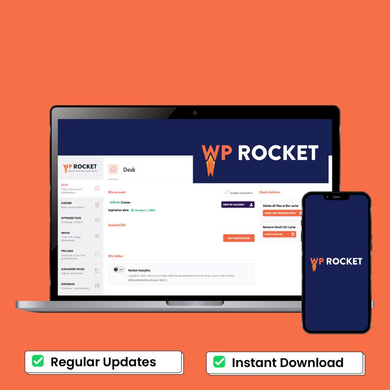 Op de afbeelding: Een laptop en smartphone met het WP Rocket-logo en website-interface tegen een oranje achtergrond. Het laptopscherm toont een gebruikersaccountdashboard. De smartphone weerspiegelt het logo. Tekst onderaan luidt "Regelmatige updates" en "Direct downloaden."