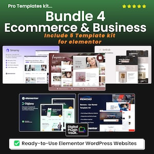 Op de afbeelding: Een promotieafbeelding voor een "Bundle 4 Ecommerce & Business" template kit. De afbeelding toont vijf website templates, waaronder Smarvy, Fragrancerie, ArtExh, Digipay en Remons. De tekst bevat "Ready-to-Use Elementor WordPress Websites."