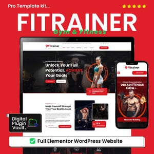 May include: A red graphic with the word "FITRAINER" in white, "Gym & Fitness" in green, and a laptop and smartphone displaying a fitness website. The image also includes the text "Digital Plugin Vault" and "Full Elementor WordPress Website."