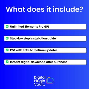 Peut inclure: Visuel bleu avec texte blanc. Il indique ce qui est inclus : Unlimited Elements Pro GPL, un guide d'installation &eacute;tape par &eacute;tape, un PDF avec des liens vers des mises &agrave; jour &agrave; vie et un t&eacute;l&eacute;chargement num&eacute;rique instantan&eacute;.