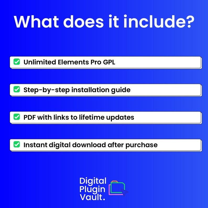 Peut inclure: Visuel bleu avec texte blanc. Il indique ce qui est inclus : Unlimited Elements Pro GPL, un guide d'installation &eacute;tape par &eacute;tape, un PDF avec des liens vers des mises &agrave; jour &agrave; vie et un t&eacute;l&eacute;chargement num&eacute;rique instantan&eacute;.