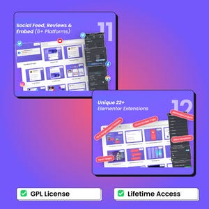 Peut inclure: Deux &eacute;crans d'interface num&eacute;rique sur un fond d&eacute;grad&eacute; violet. L'&eacute;cran sup&eacute;rieur affiche les flux de m&eacute;dias sociaux et les avis, tandis que l'&eacute;cran inf&eacute;rieur met en &eacute;vidence les extensions Elementor. Le texte comprend "Social Feed, Reviews & Embed" et "Unique 22+ Elementor Extensions."