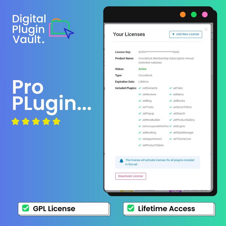 May include: A digital interface window titled Your Licenses displaying a Crocoblock Membership Subscription with an active status and a list of included plugins like JetElements and JetEngine, set against a blue gradient background with text.